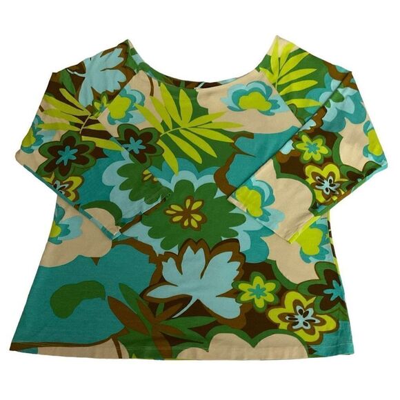 Judy Lee Cole Top Scoop Neck Tropical Aqua Green Yellow White Floral Print XL - Picture 7 of 9